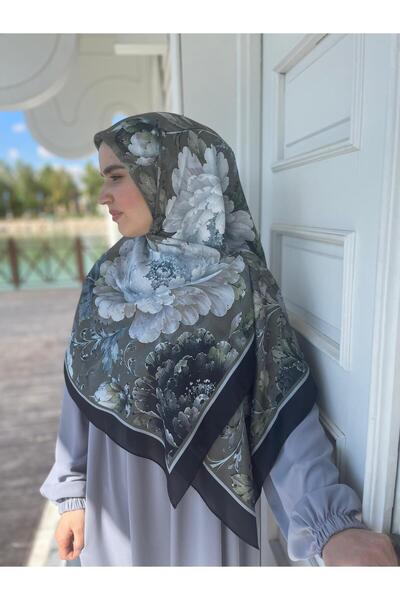 Nakişce Large Size Peony Pattern Cotton Soft Scarf Black-Green 120X120