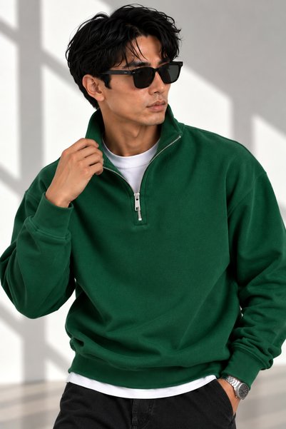 beuivo Unisex Half-Zipper Stand Collar 100% Cotton Soft Textured Sweatshirt Plain Pullover