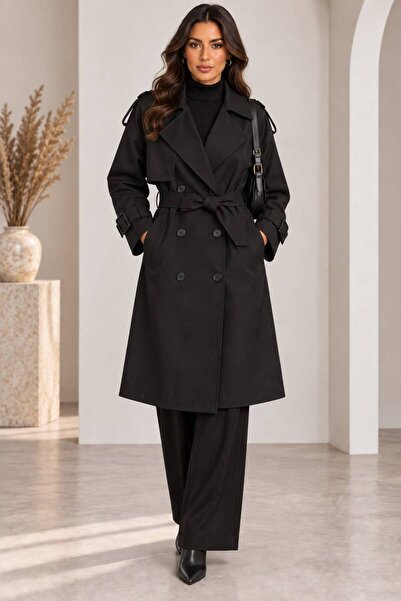 Moda Banuş Buttoned, Slit Double-Breasted Trench Coat