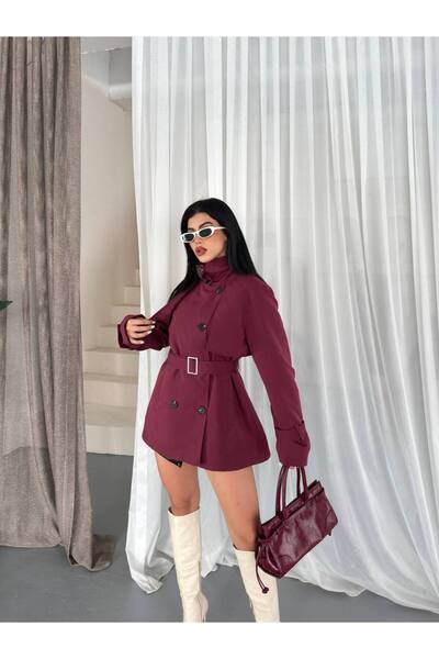 Bella Breeze معطف نسائي قصير بحزام وياقة عالية وأزرار، كبير الحجم ومناسب للمواسم