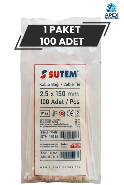 SUTEM Beyaz Kablo Bağı Cırt Kelepçe 2.5 x 150 mm 100 Adet