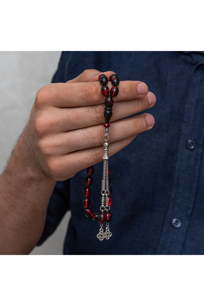 FM 💎   Premium Shiny and Stylish Metal Tassel Burgundy Black Crimped Amber Prayer Beads