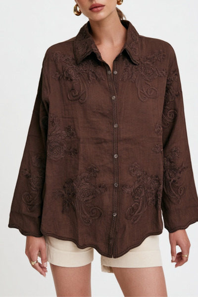 QUREKLİ Women's Ethnic Patterned Embroidered Shirt