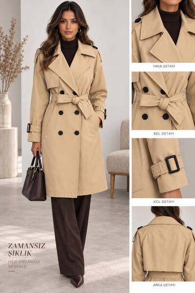 Moda Banuş Buttoned, Slit Double-Breasted Trench Coat