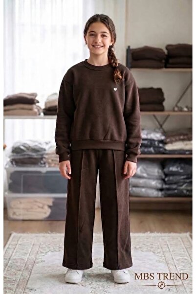 Kids Winter Girl's Brown Heart Embroidered Two-Thread Two-Piece Set with Stit...