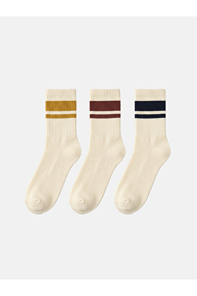 LC Waikiki Nevavm Farkıyla Lcw Accessories Ecru Striped 3-Pack Men's Socks
