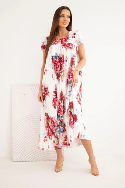Kesi Rochie plisată din viscoză, florală, prună, cu mâneci scurte și buzunare