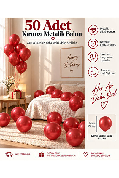 50 Adet Kırmızı Metalik Balon 12 İnç (30 cm) - Premium Kalite