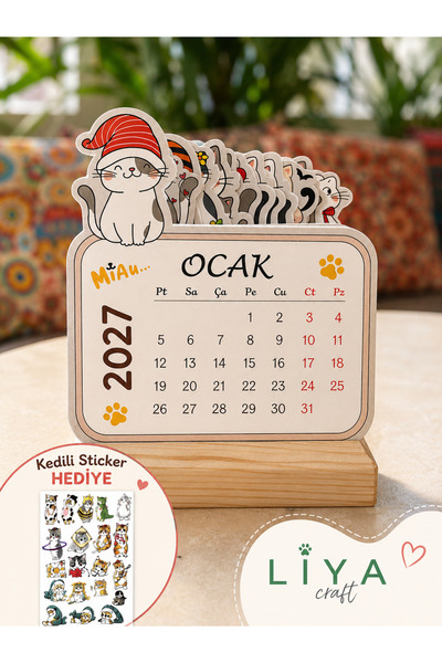 LiyaCraft 10 Adet 2027 Ahşap Ayaklı Sevimli Kedi Masa Üstü Takvimi Kedili Sticker Sayfası Hediyeli