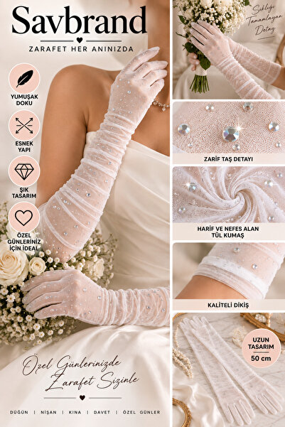 SavBrand Stone Detailed Tulle Bridal Gloves Long Model Stylish Elegant Design