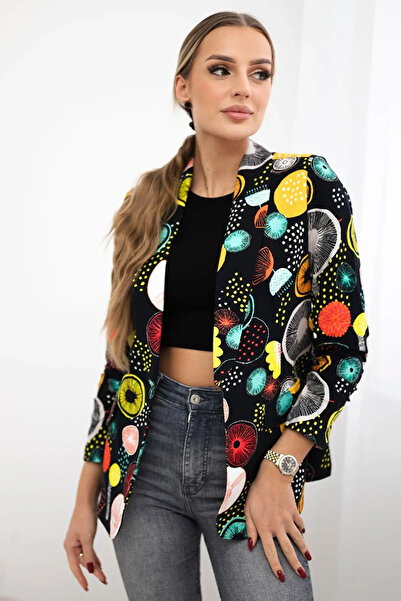 Kesi Blazer negru din bumbac cu imprimeu colorat și revere clasice