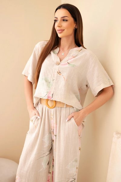 Kesi Set de damă din bumbac bej cu bluză cu mânecă scurtă și pantaloni largi