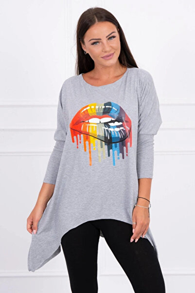 Kesi Tricou supradimensionat gri cu imprimeu cu buze curcubeu și buzunare
