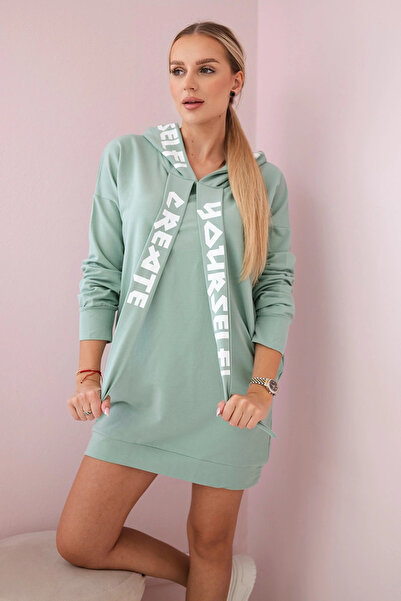Kesi Rochie supradimensionată cu glugă, verde mentă închis, cu imprimeu frontal