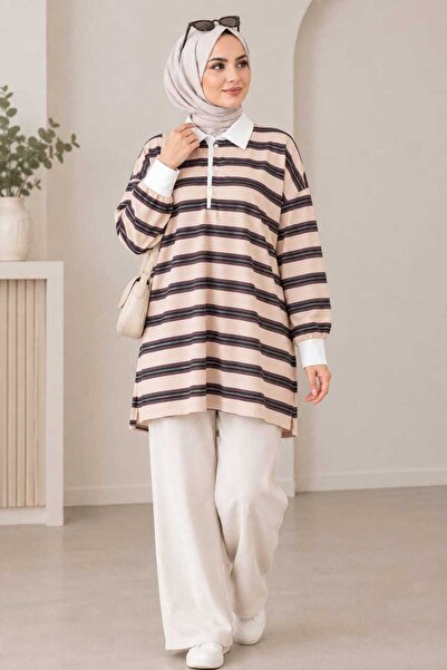 tenfısı woman wear Çizgili Polo Yaka Tesettür Tunik