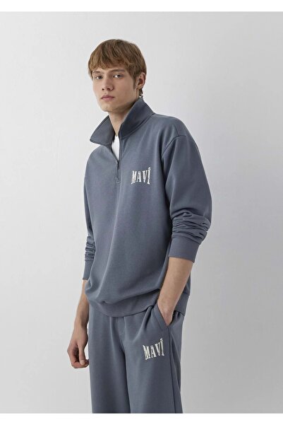 Mavi M0S10672 Logo Baskılı Yarım Fermuarlı Erkek Sweatshirt LACİVERT