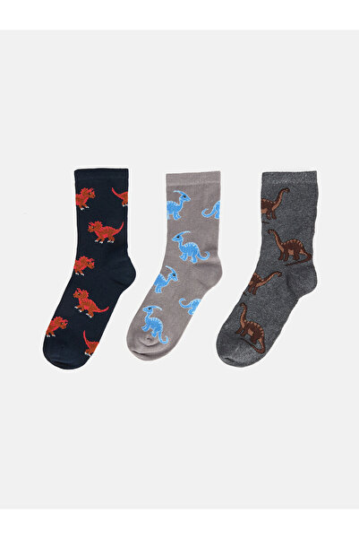LC Waikiki Nevavm Navy Blue Patterned 3-Pack Boys' Socks with a Difference