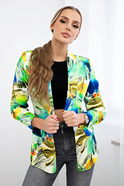 Kesi Blazer verde din bumbac cu imprimeu colorat și revere clasice