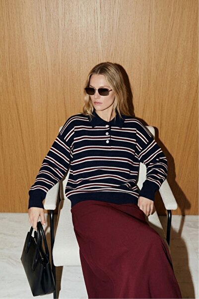 MODAQU Polo Collar Striped Knit Sweater - Dark Navy Blue