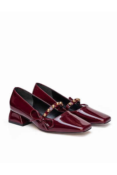 DUDYEN SHOES Women's Burgundy Patent Leather Square-Toe Short Heel Shoes with Bead Accessories, 3 cm Heel