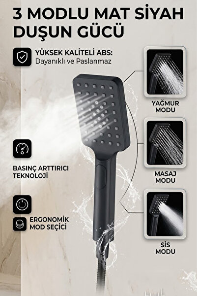 banyonatural Yeni Nesil Basmalı Mod Değiştiricili Premium Siyah Duş Başlığı S...