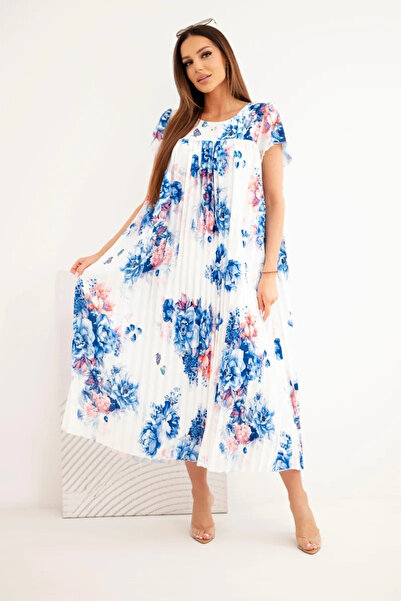 Kesi Rochie din viscoză plisată, cu imprimeu floral, bleumarin și caisă, cu m...