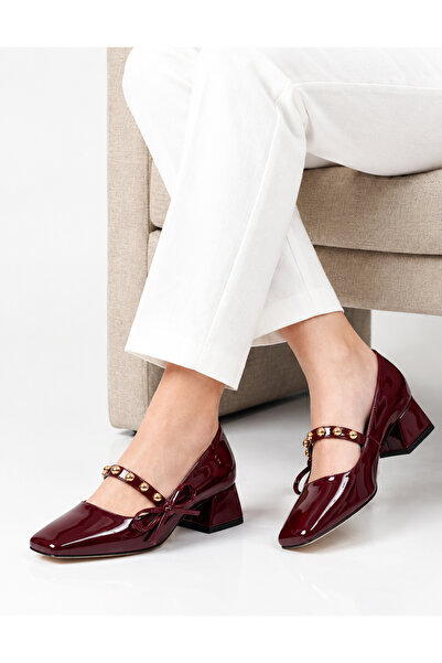DUDYEN SHOES Women's Burgundy Patent Leather Square-Toe Short Heel Shoes with...