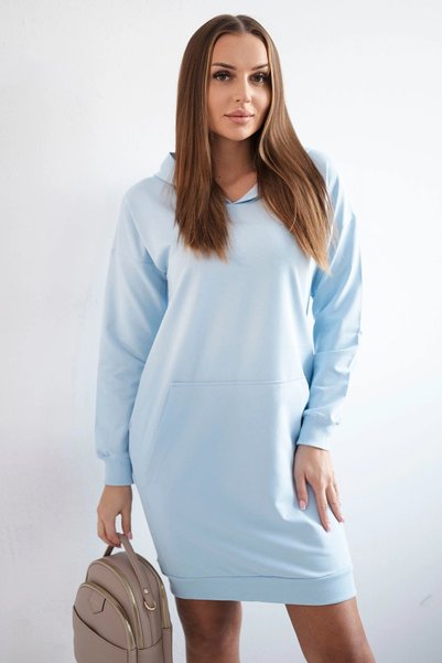 Kesi Rochie casual albastru ciel cu glugă și buzunar tip cangur