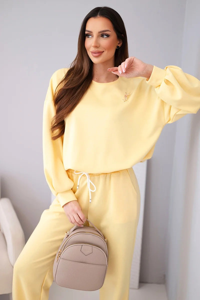 Kesi Set de fleece pentru femei, culoarea untului, cu hanorac cu broșă și pan...