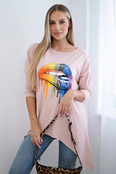 Kesi Tricou supradimensionat cu imprimeu cu buze curcubeu, roz pudrat închis,...