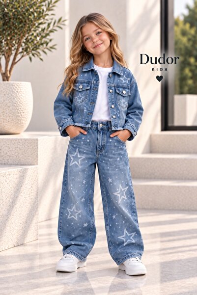 DUDOR KİDS Girls' Star-Stepssed Blue Denim Pants and Denim Jacket Set - Holid...