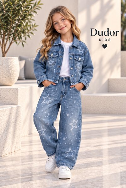 DUDOR KİDS Girls' Star-Stepssed Blue Denim Pants and Denim Jacket Set - Holiday Collection