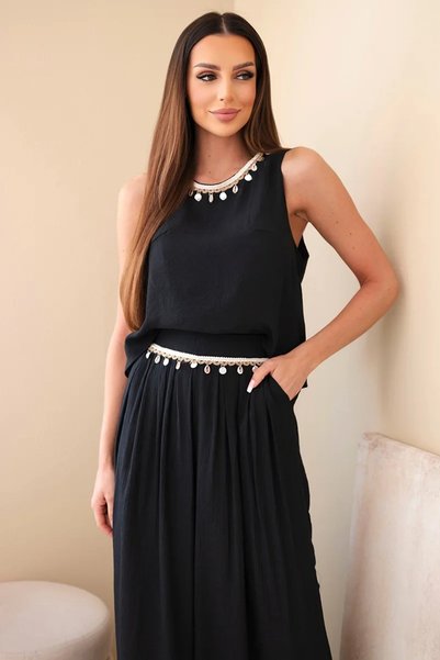 Kesi Set sofisticat negru, format din top fără mâneci și pantaloni largi, cu ...