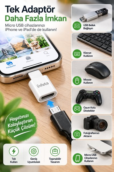 İnfeta Beyaz Lightning Erkek Micro USB Dişi Dönüştürücü Adaptör iPhone iPad U...
