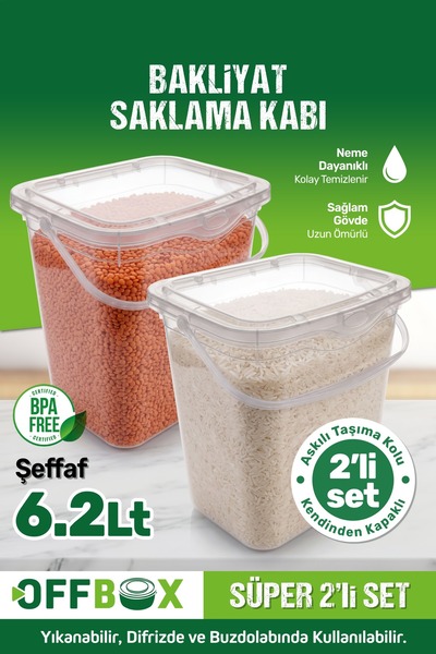 OFFBOX Mega Boy Şeffaf 2 Li Un Bakliyat Erzak Saklama Kabı 6.2 Litre Deterjan...