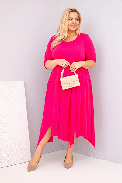 Kesi Rochie de bumbac fucsia, mărime mare, cu tiv asimetric și mâneci până la...