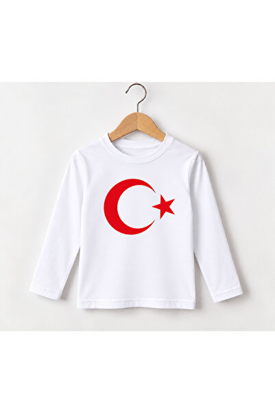ASELİNDA 29 Ekim Cumhuriyet Bayramı Çocuk Beyaz Uzun Kollu Tişört Beyaz Ay Yı...