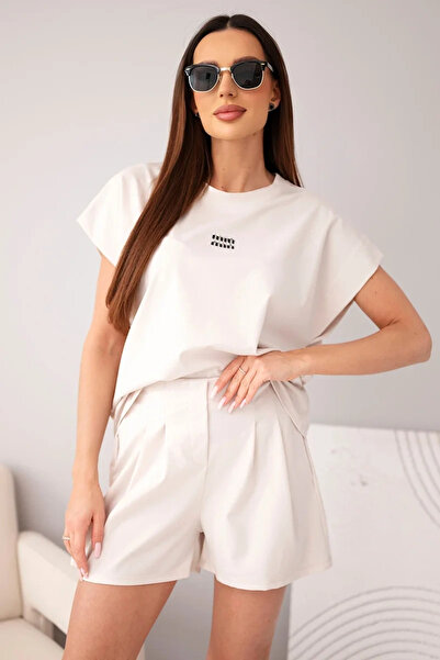 Kesi Set de damă bej din Lyocell cu bluză cu mânecă scurtă și pantaloni scurț...