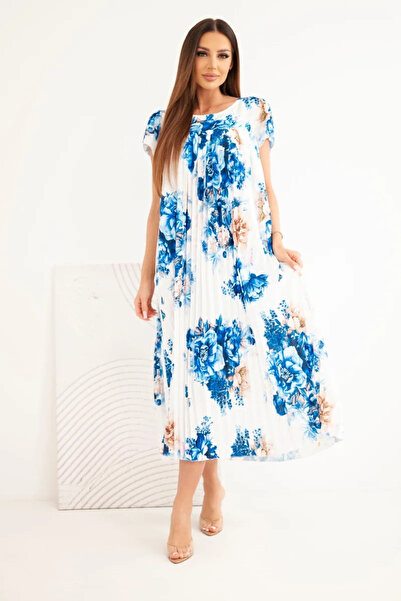 Kesi Rochie din viscoză plisată, florală, bleumarin și camel, cu mâneci scurt...
