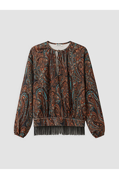 LC Waikiki Nevavm Brown Patterned Tie Collar Long Sleeve Women's Blouse with ...