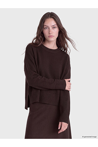 LC Waikiki Lcw Modest Brown Oval Neck Women's Knitwear Sweater with Nevavm Di...