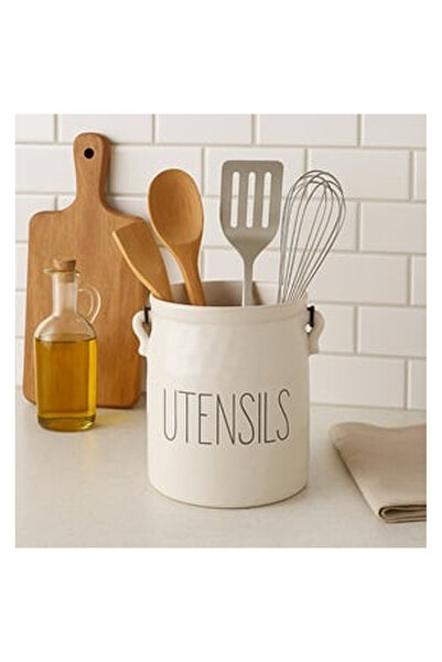 OEM Beige Ceramic Utensil Holder with Handle Ø13x18cm