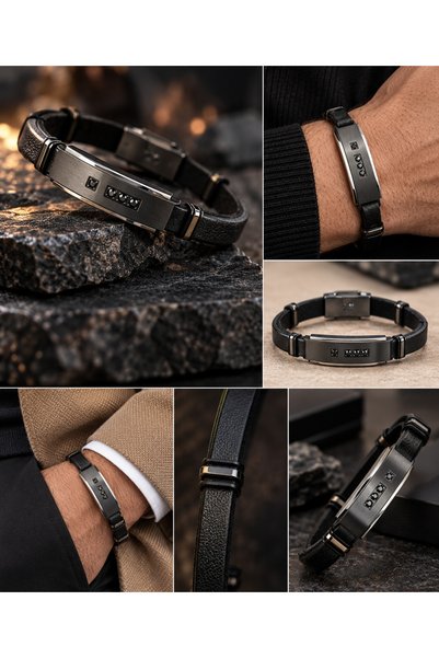 Nurnova 4054 Noir Signature Deri Erkek Bileklik – Siyah Taş ve Çelik Detaylı