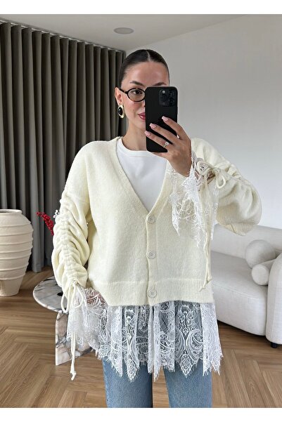 RFK Butik Kadın Premium Dantel Detaylı Triko Hırka - Ekru