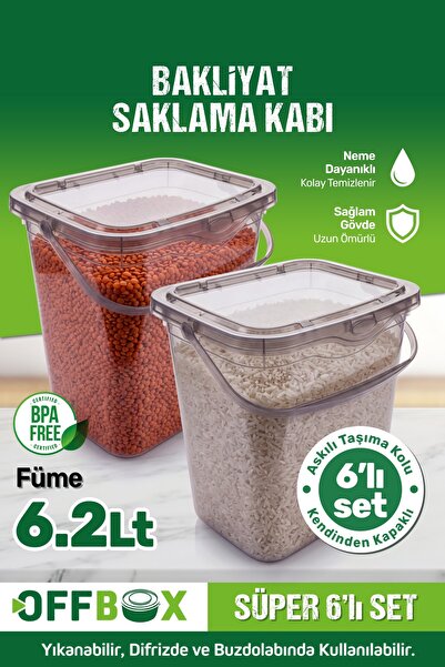 OFFBOX Mega Boy Antrasit 6 Lı Un Bakliyat Erzak Saklama Kabı 6.2 Litre Kulplu...