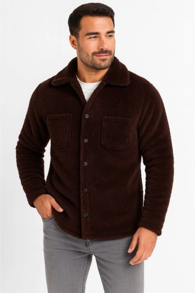 MYSSHOES Men's plush fleece cardigan shirt – collared, button-up, chest pocke...