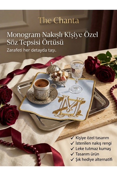 Kişiye Özel Monogram Nakışlı Söz Mendili Kare