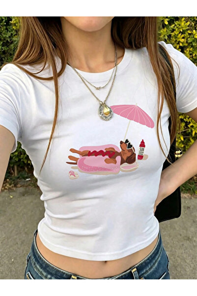 PALPİTO Women's White Sausage Dog Printed Crew Neck Tight Crop Tshirt