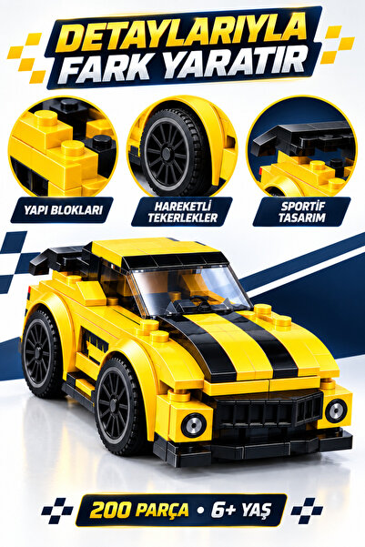 İlknurtoys 200 Parça 2’si 1 Arada Lego Uyumlu Yarış Arabası Yapım Seti Geri Çek Bırak 6+ Yaş – Sarı