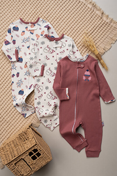 Mielco Baby Store %100 Pamuk Kız Bebek 3'lü Patiksiz Tulum Seti Kış Kardan Ad...
